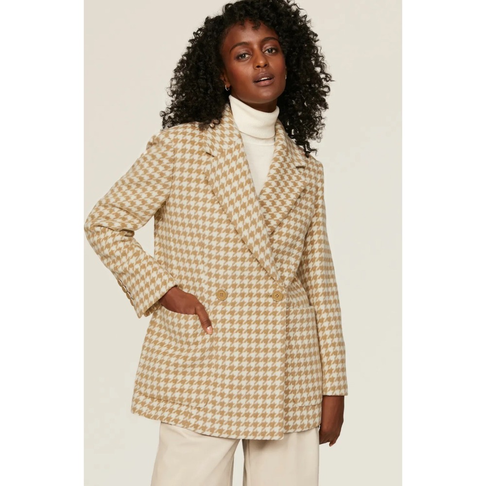 BOSS Houndstooth Double Breasted Blazer Women Size 8 Camel Tan Excellent Luxury